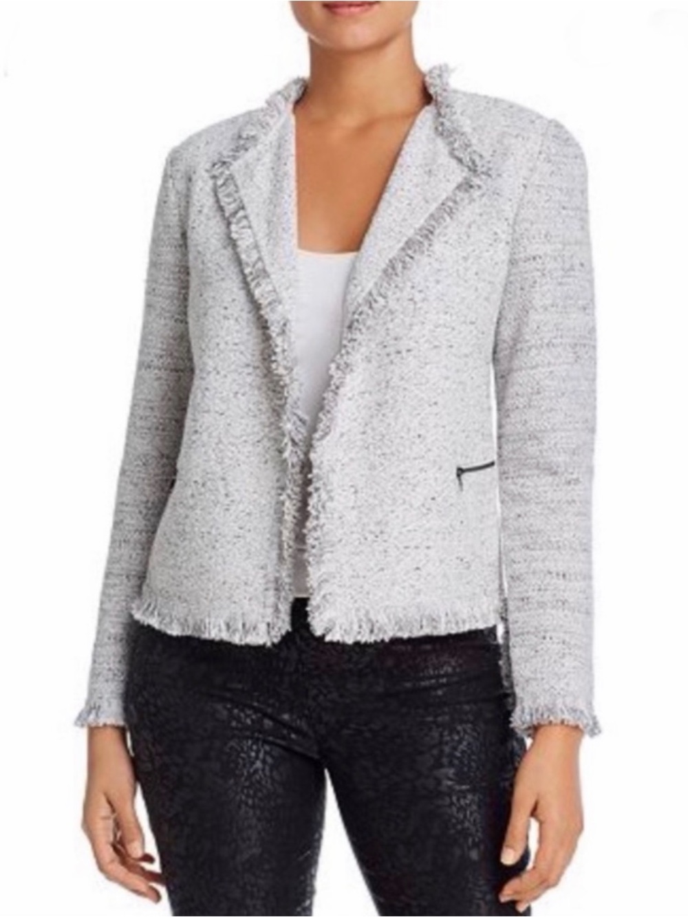 NIC+ZOE Mila Frayed Detail Tweed Jacket Light Grey size medium